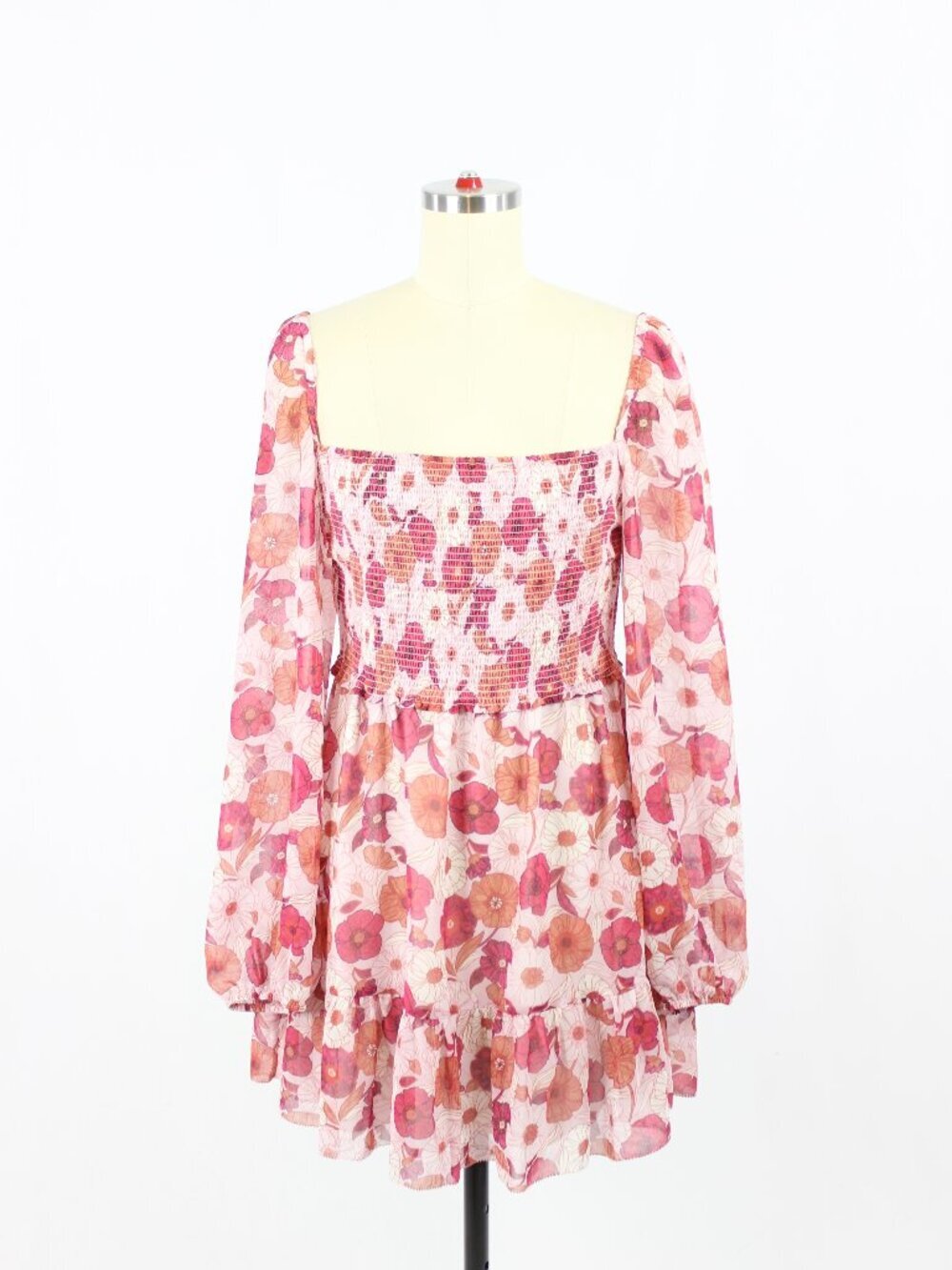 Aritzia WILFRED Tempest Floral Chiffon Smocked Long Sleeve Mini Dress, Size M